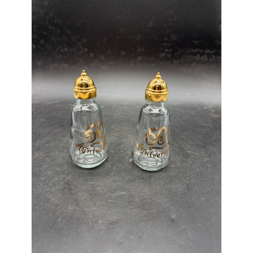 Vintage 50th Anniversary Glass Salt and Pepper Shakers Gold Tone Set